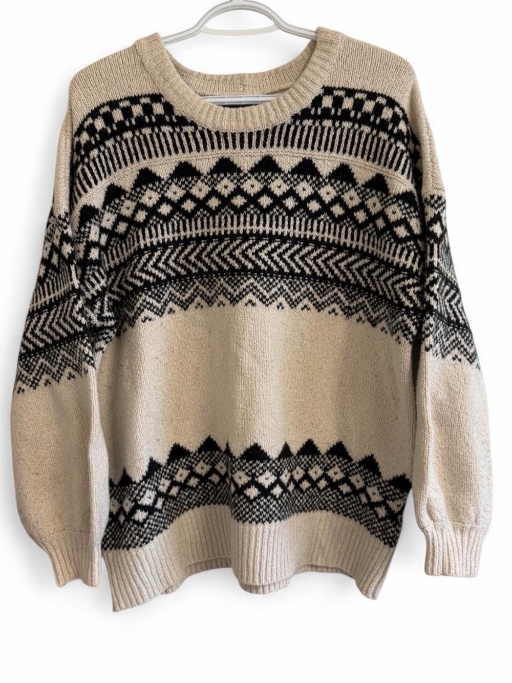 American Eagle Outfitters Beige and Black Fair Isle Crewneck Sweater